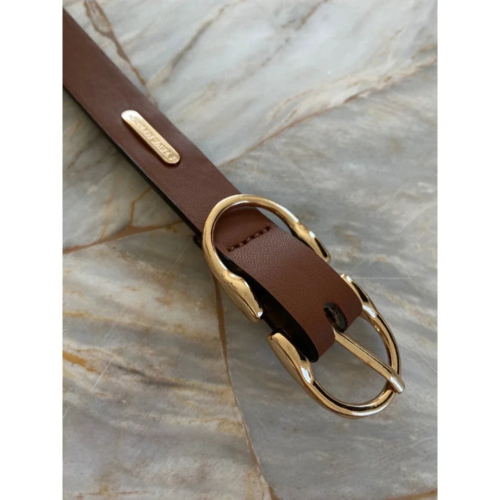 Steve Madden Cognac Brown Faux Leather Belt Gold Oval Buckle Slim Classic 40in